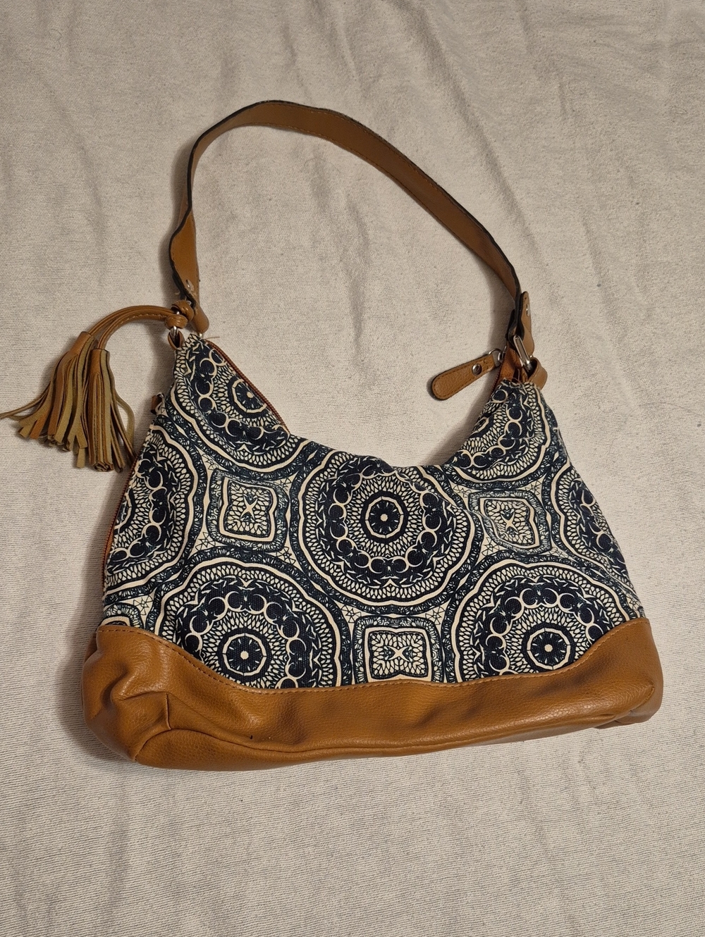 Croft & Barrow Canvas and Tan Leather-Trim Hobo Bag - Navy Pattern